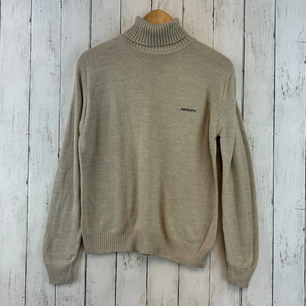VTG Adolfo Tan Cashmere Touch Embroidered Turtleneck Knit Sweater Size Large - Picture 2 of 11